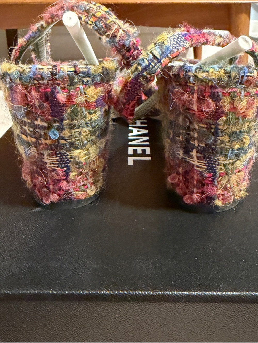 Chanel 22K Multicolor Tweed & Black Cap-Toe Slingbacks - Picture 6 of 8